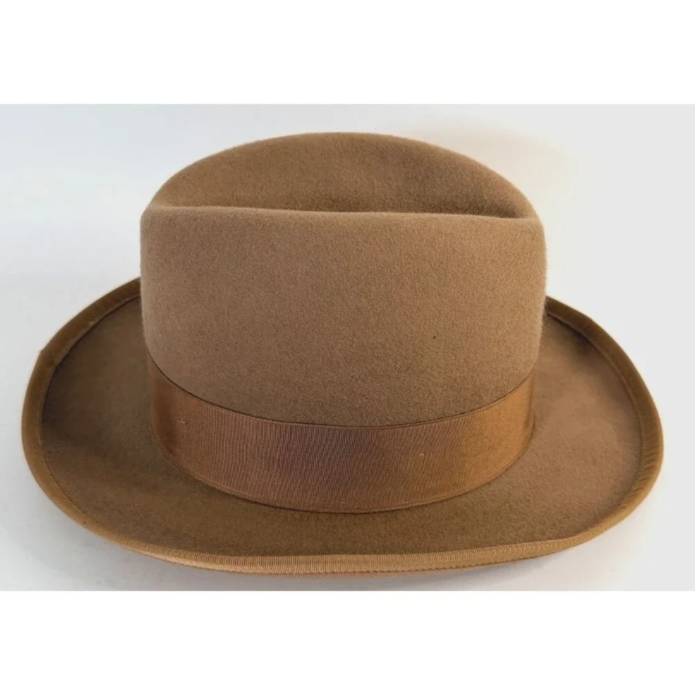 Vintage Shin Jin NY Camel Fedora 100% Wool Felt Hat w/Feather Size M USA Made